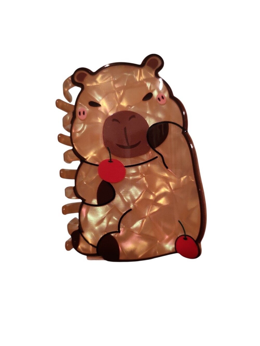 Iridescent Brown Capybara Hair Clip with Red Cherry Accents